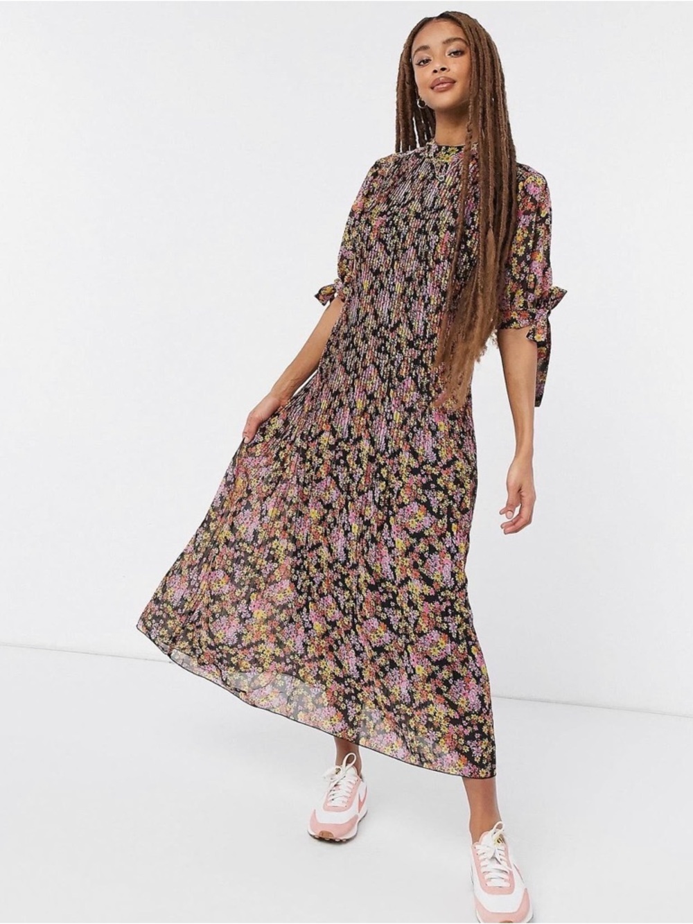 ASOS Floral Pleated Midi Dress Tie Sleeve Cottagecore Prairie Size 0